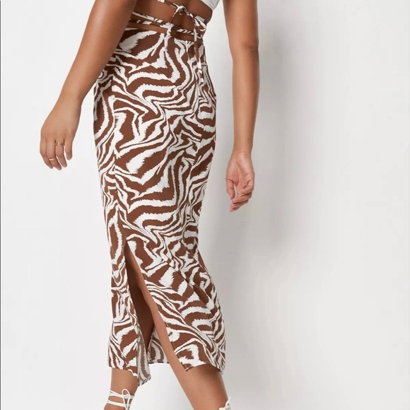 Missguided zebra print tie waist midi brown skirt with slit (size 6/M) - Picture 1 of 6